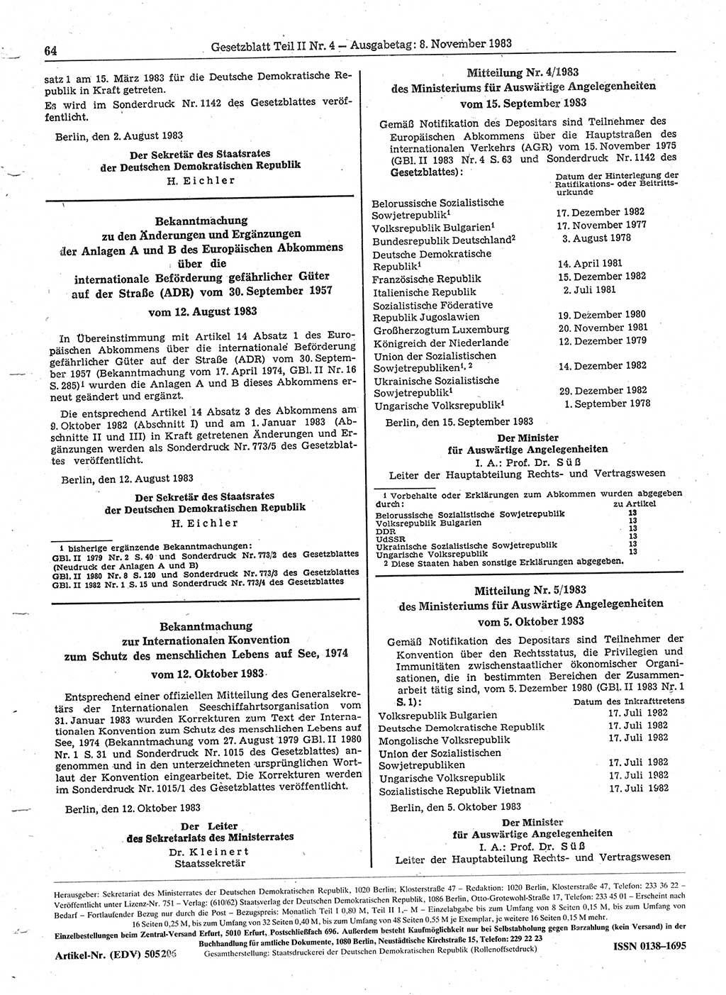 Gesetzblatt (GBl.) der Deutschen Demokratischen Republik (DDR) Teil ⅠⅠ 1983, Seite 64 (GBl. DDR ⅠⅠ 1983, S. 64)