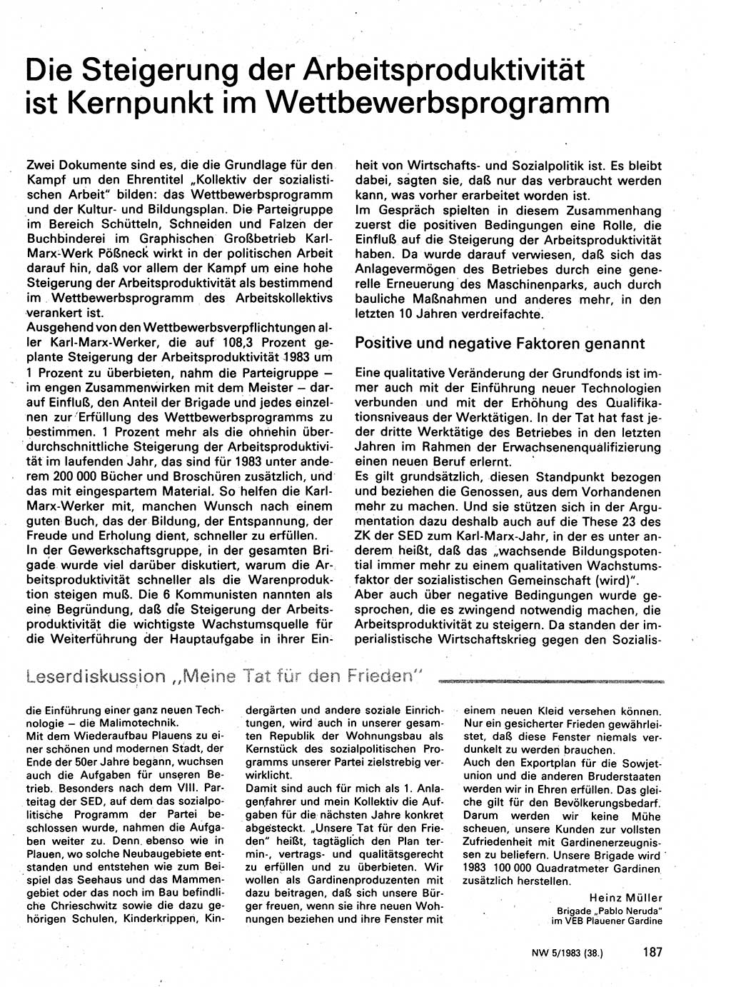 Neuer Weg (NW), Organ des Zentralkomitees (ZK) der SED (Sozialistische Einheitspartei Deutschlands) für Fragen des Parteilebens, 38. Jahrgang [Deutsche Demokratische Republik (DDR)] 1983, Seite 187 (NW ZK SED DDR 1983, S. 187)