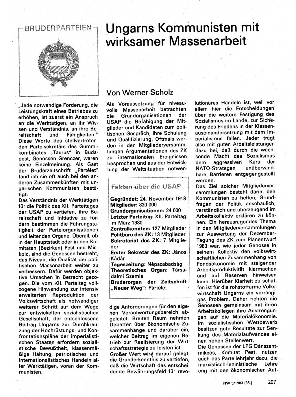 Neuer Weg (NW), Organ des Zentralkomitees (ZK) der SED (Sozialistische Einheitspartei Deutschlands) für Fragen des Parteilebens, 38. Jahrgang [Deutsche Demokratische Republik (DDR)] 1983, Seite 207 (NW ZK SED DDR 1983, S. 207)