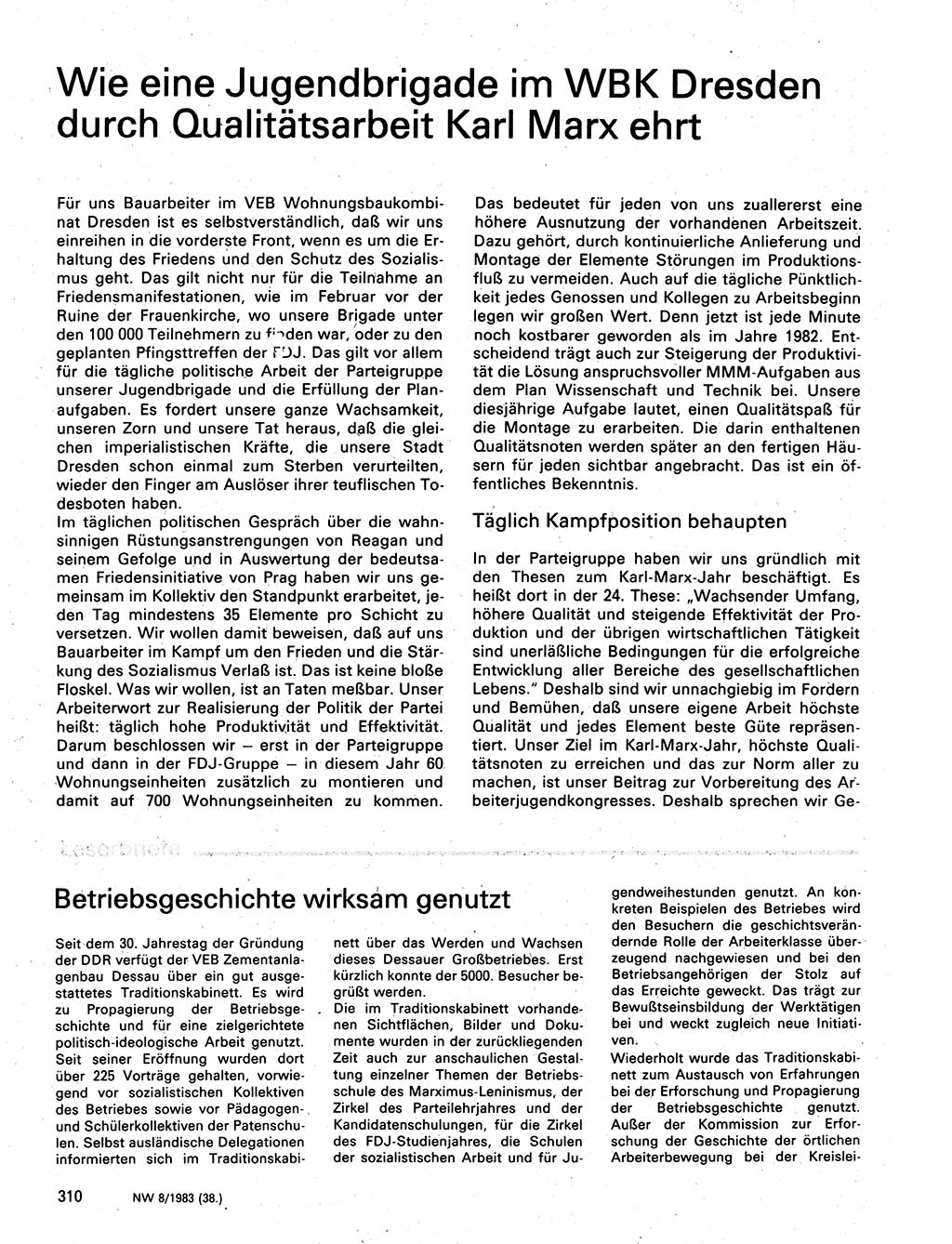 Neuer Weg (NW), Organ des Zentralkomitees (ZK) der SED (Sozialistische Einheitspartei Deutschlands) für Fragen des Parteilebens, 38. Jahrgang [Deutsche Demokratische Republik (DDR)] 1983, Seite 310 (NW ZK SED DDR 1983, S. 310)