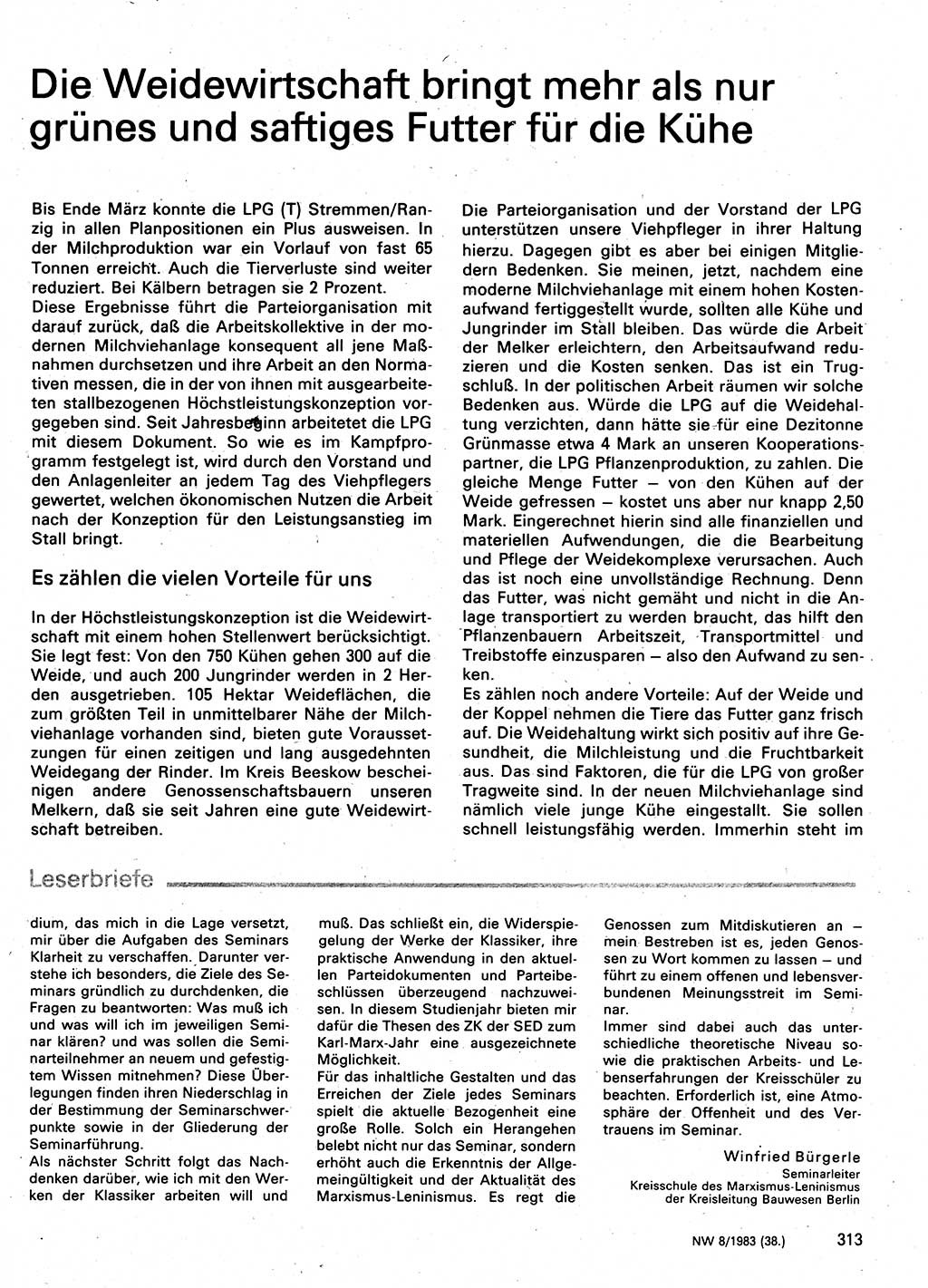 Neuer Weg (NW), Organ des Zentralkomitees (ZK) der SED (Sozialistische Einheitspartei Deutschlands) für Fragen des Parteilebens, 38. Jahrgang [Deutsche Demokratische Republik (DDR)] 1983, Seite 313 (NW ZK SED DDR 1983, S. 313)
