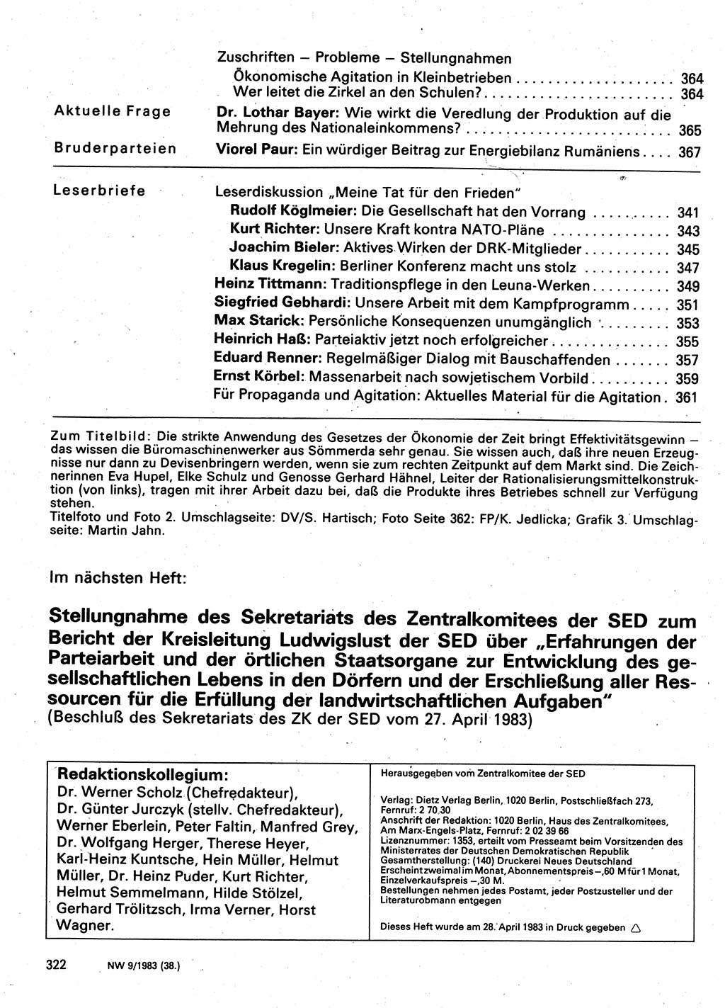 Neuer Weg (NW), Organ des Zentralkomitees (ZK) der SED (Sozialistische Einheitspartei Deutschlands) für Fragen des Parteilebens, 38. Jahrgang [Deutsche Demokratische Republik (DDR)] 1983, Seite 322 (NW ZK SED DDR 1983, S. 322)