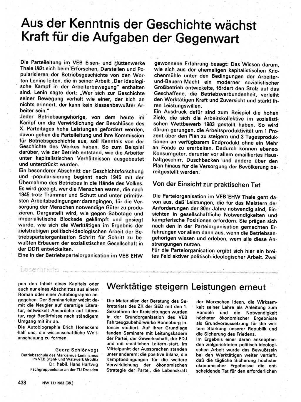 Neuer Weg (NW), Organ des Zentralkomitees (ZK) der SED (Sozialistische Einheitspartei Deutschlands) für Fragen des Parteilebens, 38. Jahrgang [Deutsche Demokratische Republik (DDR)] 1983, Seite 438 (NW ZK SED DDR 1983, S. 438)