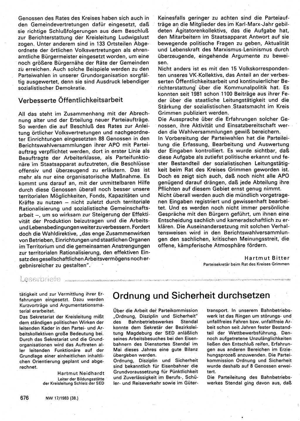 Neuer Weg (NW), Organ des Zentralkomitees (ZK) der SED (Sozialistische Einheitspartei Deutschlands) für Fragen des Parteilebens, 38. Jahrgang [Deutsche Demokratische Republik (DDR)] 1983, Seite 676 (NW ZK SED DDR 1983, S. 676)
