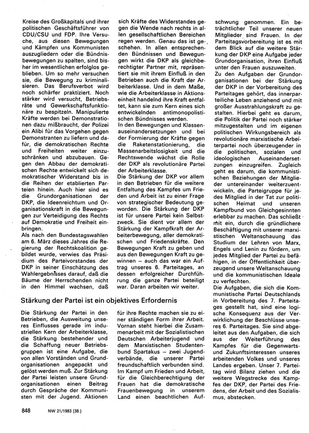 Neuer Weg (NW), Organ des Zentralkomitees (ZK) der SED (Sozialistische Einheitspartei Deutschlands) für Fragen des Parteilebens, 38. Jahrgang [Deutsche Demokratische Republik (DDR)] 1983, Seite 848 (NW ZK SED DDR 1983, S. 848)