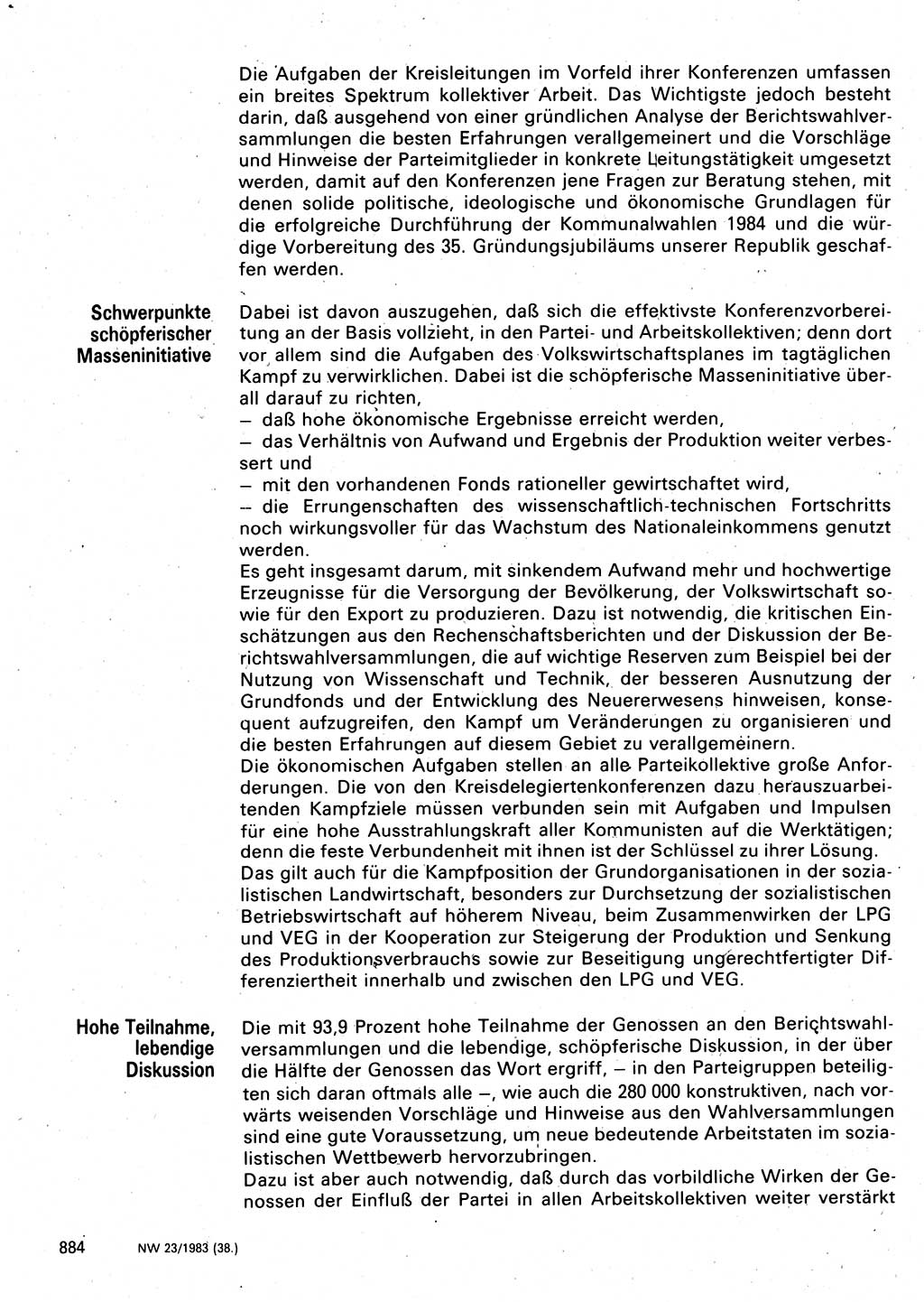 Neuer Weg (NW), Organ des Zentralkomitees (ZK) der SED (Sozialistische Einheitspartei Deutschlands) für Fragen des Parteilebens, 38. Jahrgang [Deutsche Demokratische Republik (DDR)] 1983, Seite 884 (NW ZK SED DDR 1983, S. 884)