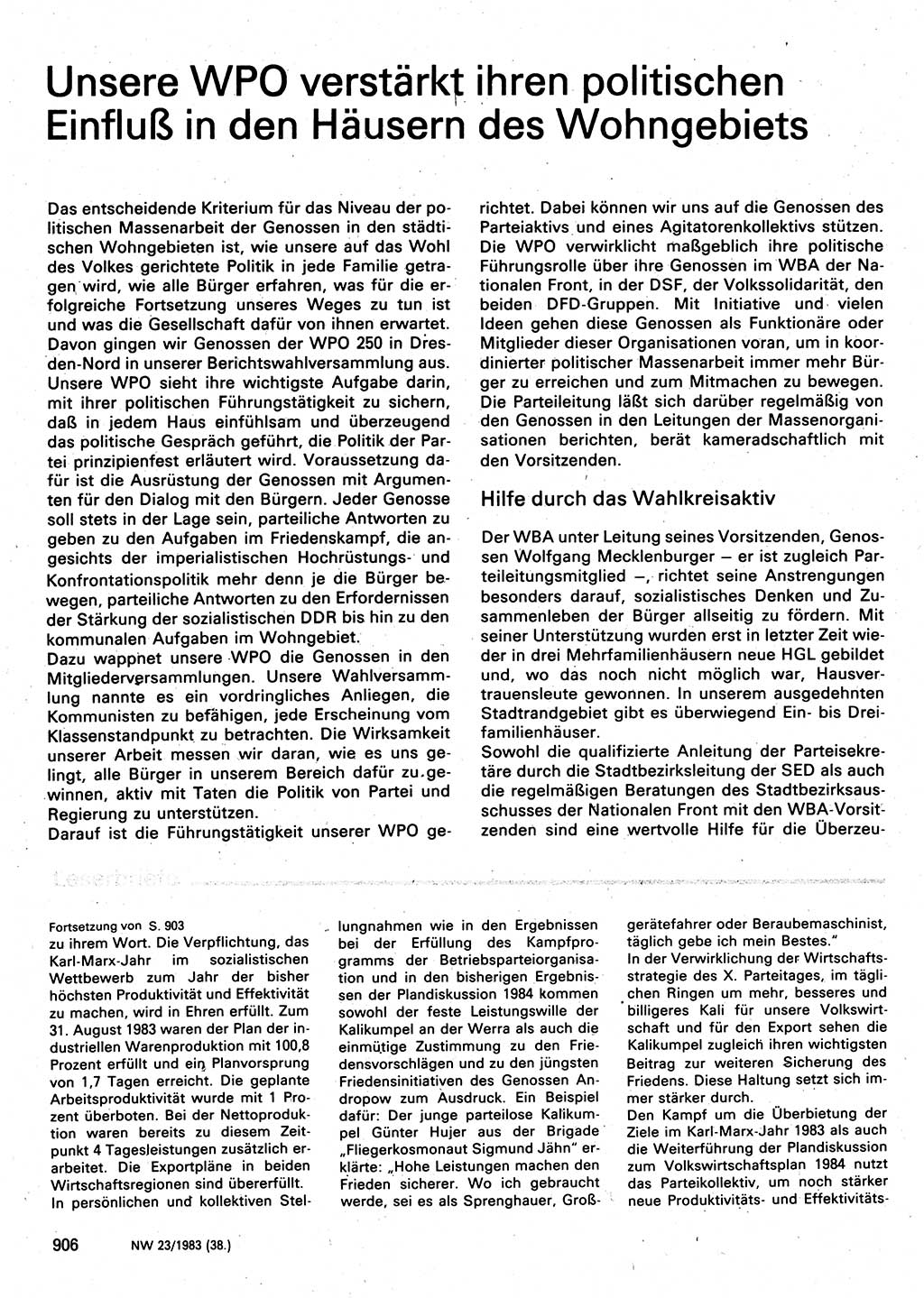 Neuer Weg (NW), Organ des Zentralkomitees (ZK) der SED (Sozialistische Einheitspartei Deutschlands) für Fragen des Parteilebens, 38. Jahrgang [Deutsche Demokratische Republik (DDR)] 1983, Seite 906 (NW ZK SED DDR 1983, S. 906)