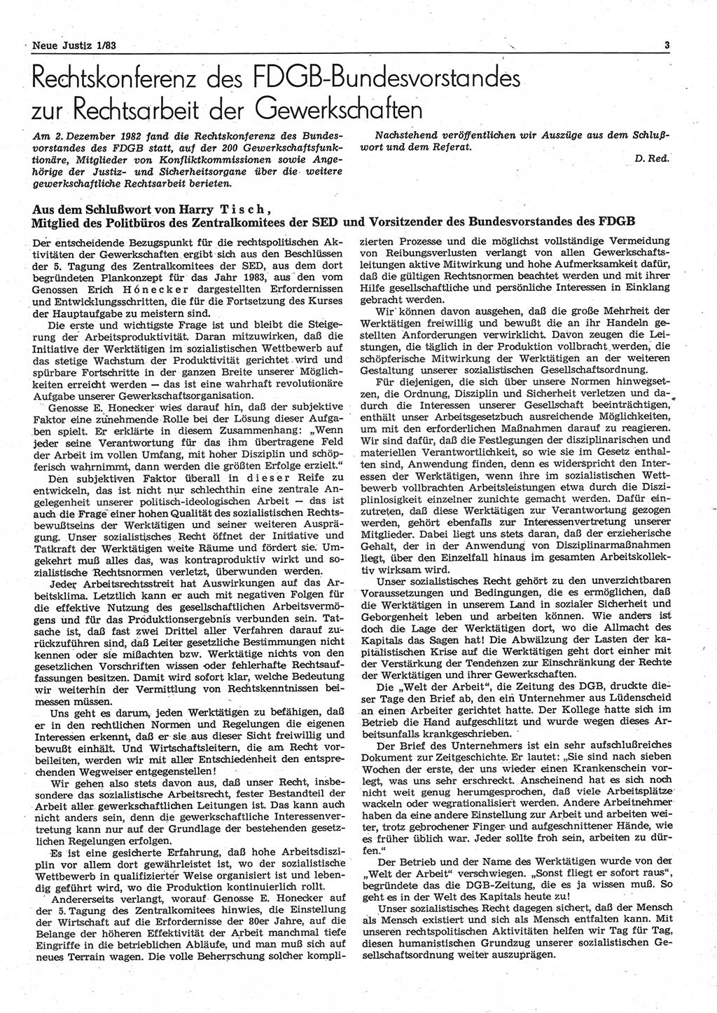 Neue Justiz (NJ), Zeitschrift für sozialistisches Recht und Gesetzlichkeit [Deutsche Demokratische Republik (DDR)], 37. Jahrgang 1983, Seite 3 (NJ DDR 1983, S. 3)