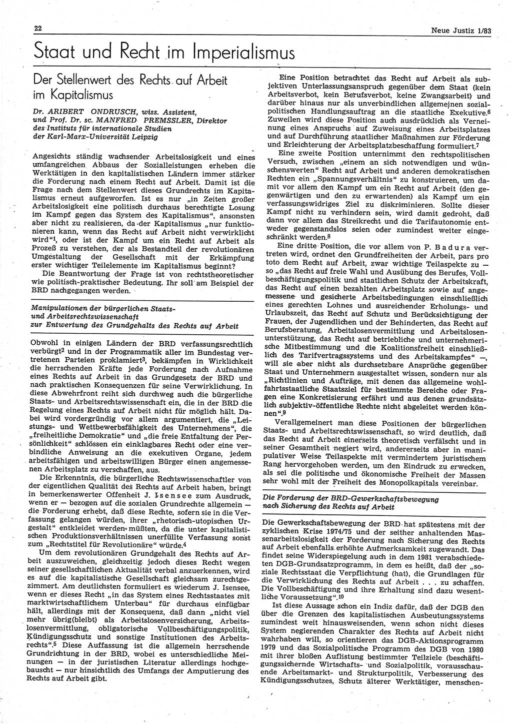 Neue Justiz (NJ), Zeitschrift für sozialistisches Recht und Gesetzlichkeit [Deutsche Demokratische Republik (DDR)], 37. Jahrgang 1983, Seite 22 (NJ DDR 1983, S. 22)