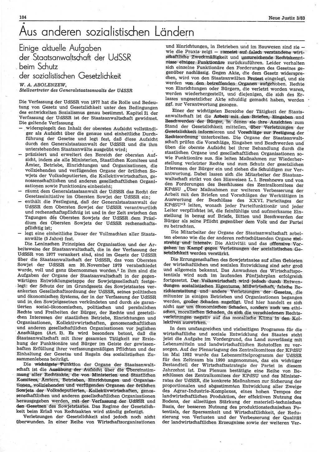Neue Justiz (NJ), Zeitschrift für sozialistisches Recht und Gesetzlichkeit [Deutsche Demokratische Republik (DDR)], 37. Jahrgang 1983, Seite 104 (NJ DDR 1983, S. 104)