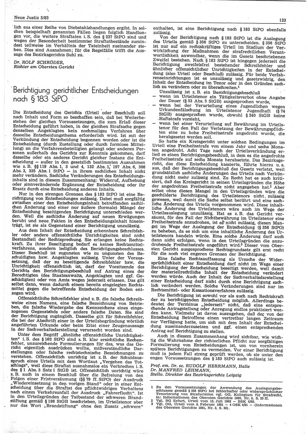 Neue Justiz (NJ), Zeitschrift für sozialistisches Recht und Gesetzlichkeit [Deutsche Demokratische Republik (DDR)], 37. Jahrgang 1983, Seite 123 (NJ DDR 1983, S. 123)