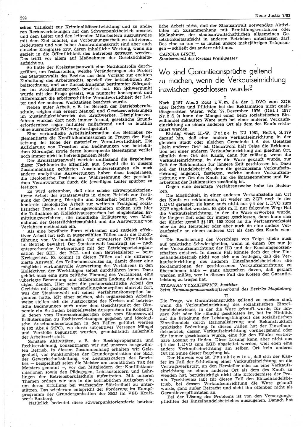 Neue Justiz (NJ), Zeitschrift für sozialistisches Recht und Gesetzlichkeit [Deutsche Demokratische Republik (DDR)], 37. Jahrgang 1983, Seite 292 (NJ DDR 1983, S. 292)