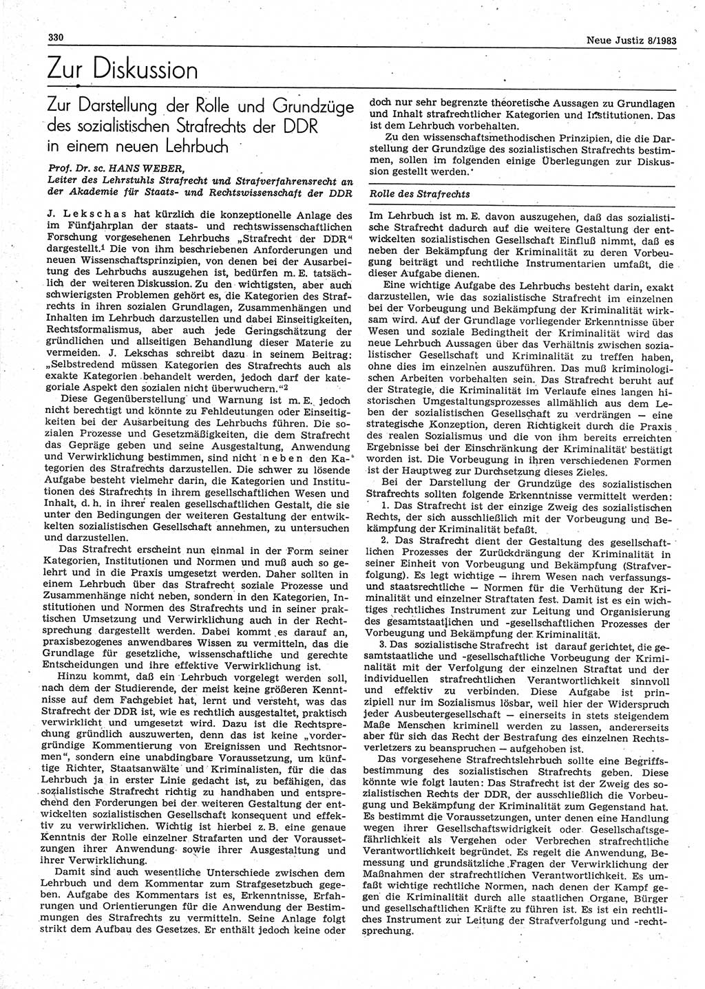 Neue Justiz (NJ), Zeitschrift für sozialistisches Recht und Gesetzlichkeit [Deutsche Demokratische Republik (DDR)], 37. Jahrgang 1983, Seite 330 (NJ DDR 1983, S. 330)