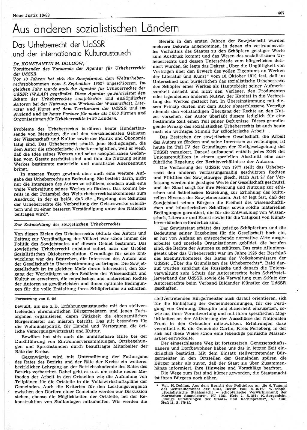 Neue Justiz (NJ), Zeitschrift für sozialistisches Recht und Gesetzlichkeit [Deutsche Demokratische Republik (DDR)], 37. Jahrgang 1983, Seite 407 (NJ DDR 1983, S. 407)