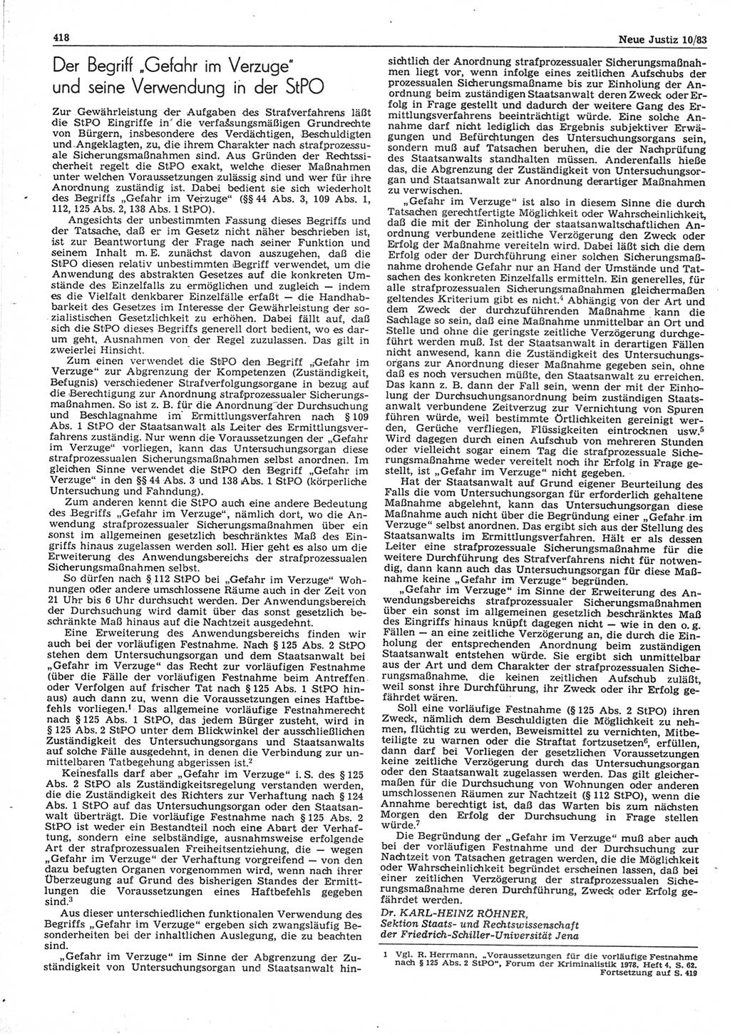 Neue Justiz (NJ), Zeitschrift für sozialistisches Recht und Gesetzlichkeit [Deutsche Demokratische Republik (DDR)], 37. Jahrgang 1983, Seite 418 (NJ DDR 1983, S. 418)