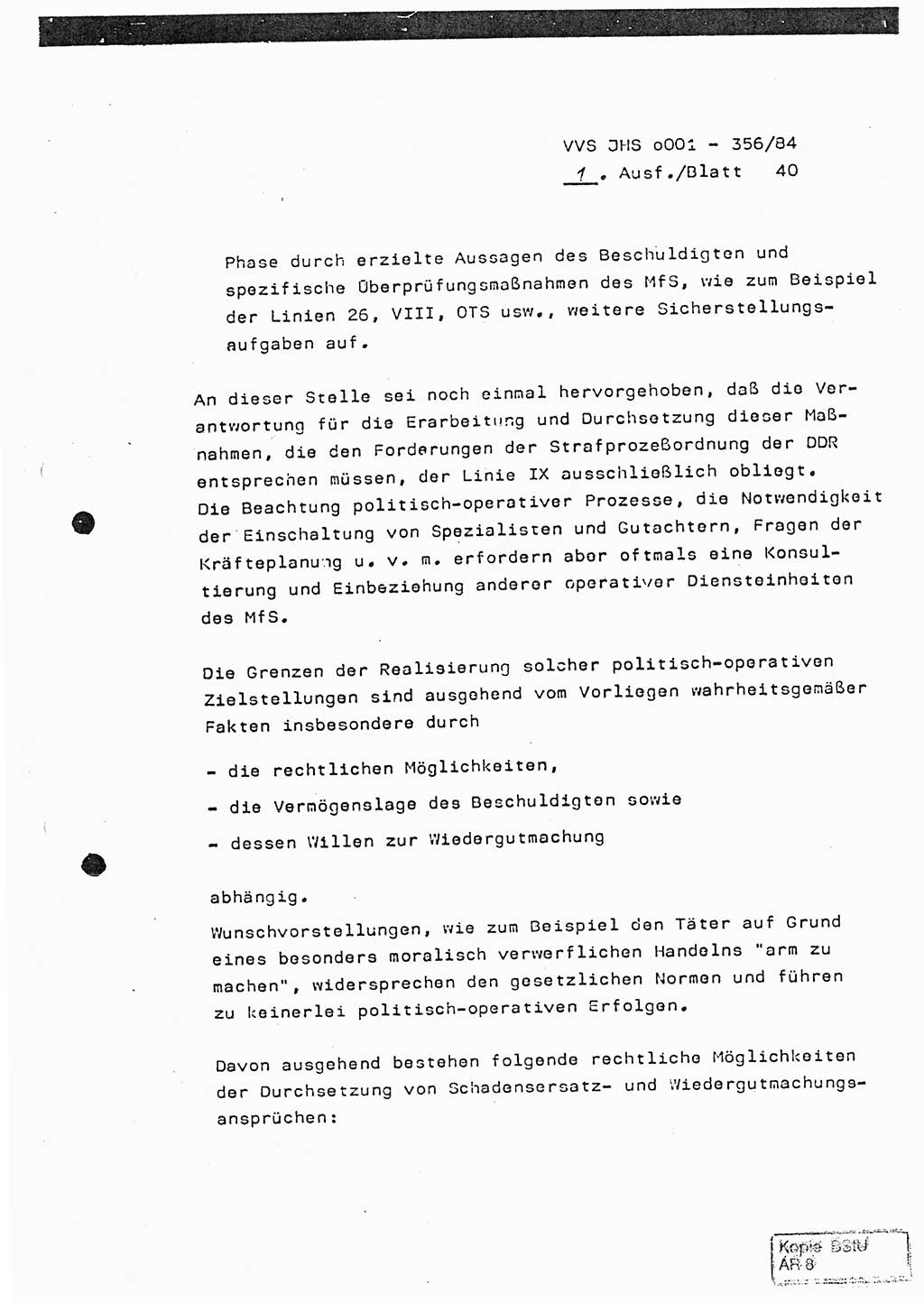 Diplomarbeit, Major Lutz Rahaus (HA Ⅸ/3), Ministerium für Staatssicherheit (MfS) [Deutsche Demokratische Republik (DDR)], Juristische Hochschule (JHS), Vertrauliche Verschlußsache (VVS) o001-356/84, Potsdam 1984, Seite 40 (Dipl.-Arb. MfS DDR JHS VVS o001-356/84 1984, S. 40)