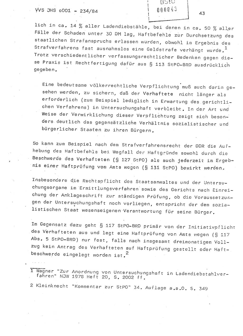 Dissertation Oberst Siegfried Rataizick (Abt. ⅩⅣ), Oberstleutnant Volkmar Heinz (Abt. ⅩⅣ), Oberstleutnant Werner Stein (HA Ⅸ), Hauptmann Heinz Conrad (JHS), Ministerium für Staatssicherheit (MfS) [Deutsche Demokratische Republik (DDR)], Juristische Hochschule (JHS), Vertrauliche Verschlußsache (VVS) o001-234/84, Potsdam 1984, Seite 43 (Diss. MfS DDR JHS VVS o001-234/84 1984, S. 43)