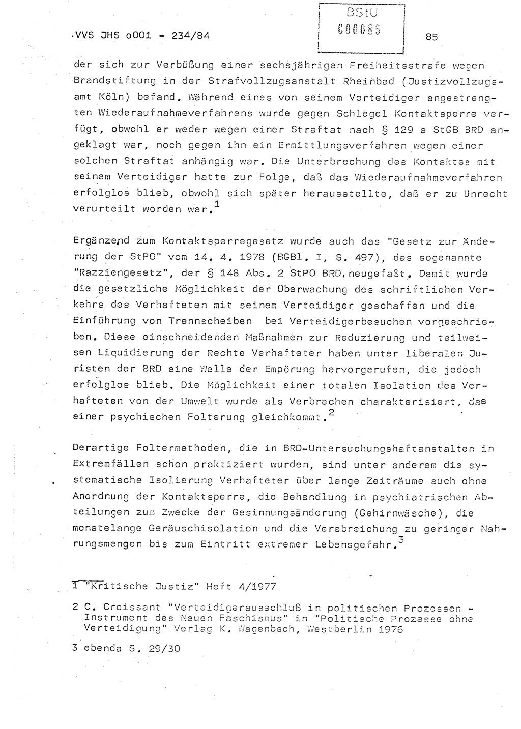 Dissertation Oberst Siegfried Rataizick (Abt. ⅩⅣ), Oberstleutnant Volkmar Heinz (Abt. ⅩⅣ), Oberstleutnant Werner Stein (HA Ⅸ), Hauptmann Heinz Conrad (JHS), Ministerium für Staatssicherheit (MfS) [Deutsche Demokratische Republik (DDR)], Juristische Hochschule (JHS), Vertrauliche Verschlußsache (VVS) o001-234/84, Potsdam 1984, Seite 85 (Diss. MfS DDR JHS VVS o001-234/84 1984, S. 85)