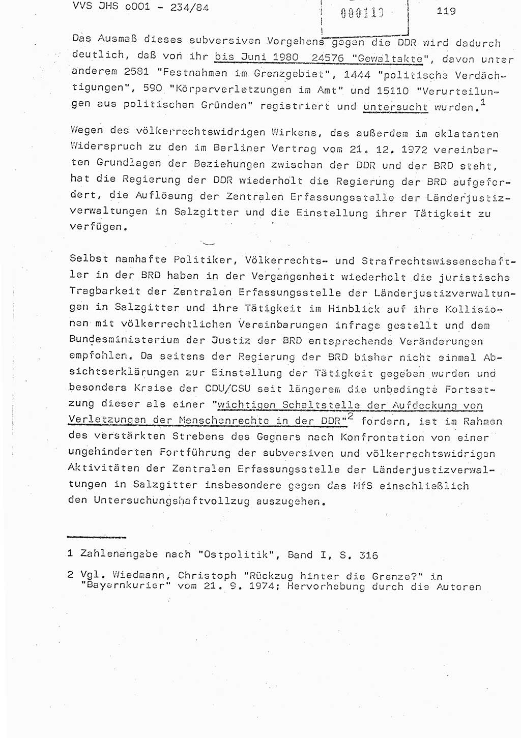 Dissertation Oberst Siegfried Rataizick (Abt. ⅩⅣ), Oberstleutnant Volkmar Heinz (Abt. ⅩⅣ), Oberstleutnant Werner Stein (HA Ⅸ), Hauptmann Heinz Conrad (JHS), Ministerium für Staatssicherheit (MfS) [Deutsche Demokratische Republik (DDR)], Juristische Hochschule (JHS), Vertrauliche Verschlußsache (VVS) o001-234/84, Potsdam 1984, Seite 119 (Diss. MfS DDR JHS VVS o001-234/84 1984, S. 119)