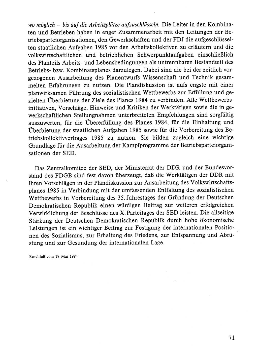 Dokumente der Sozialistischen Einheitspartei Deutschlands (SED) [Deutsche Demokratische Republik (DDR)] 1984-1985, Seite 71 (Dok. SED DDR 1984-1985, S. 71)