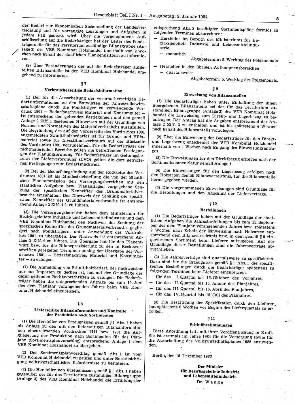 Gesetzblatt (GBl.) der Deutschen Demokratischen Republik (DDR) Teil Ⅰ 1984, Seite 5 (GBl. DDR Ⅰ 1984, S. 5)