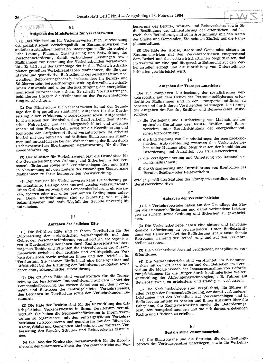 Gesetzblatt (GBl.) der Deutschen Demokratischen Republik (DDR) Teil Ⅰ 1984, Seite 26 (GBl. DDR Ⅰ 1984, S. 26)