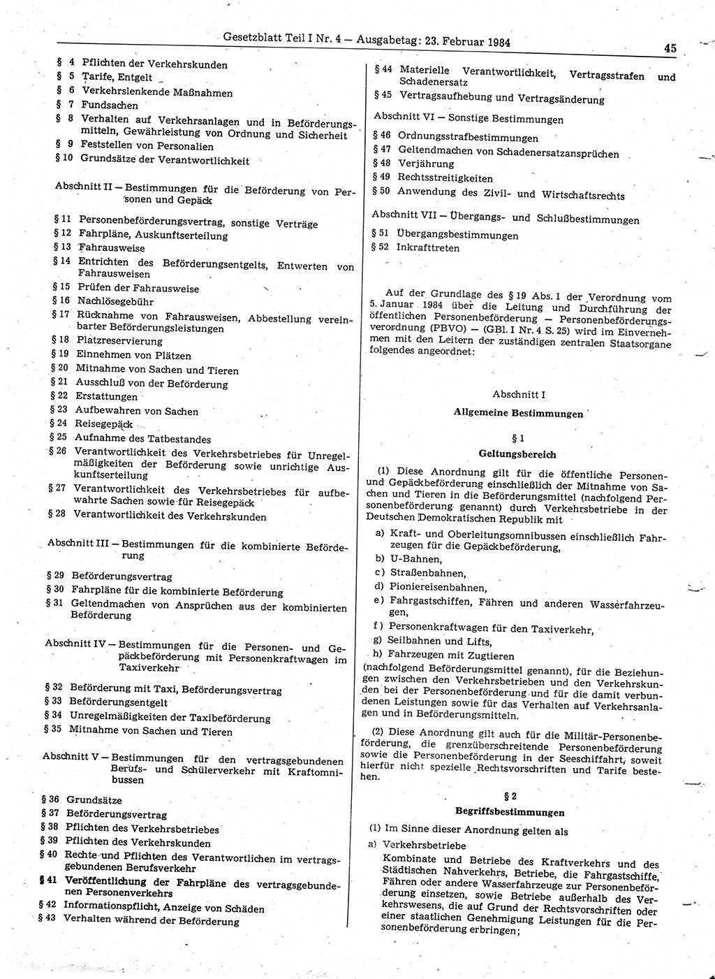 Gesetzblatt (GBl.) der Deutschen Demokratischen Republik (DDR) Teil Ⅰ 1984, Seite 45 (GBl. DDR Ⅰ 1984, S. 45)