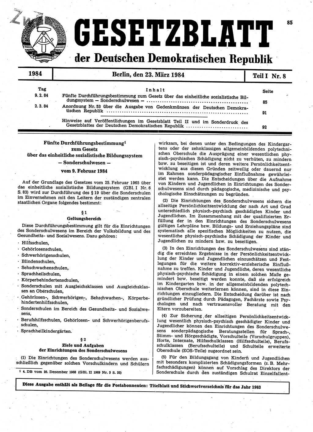 Gesetzblatt (GBl.) der Deutschen Demokratischen Republik (DDR) Teil Ⅰ 1984, Seite 85 (GBl. DDR Ⅰ 1984, S. 85)