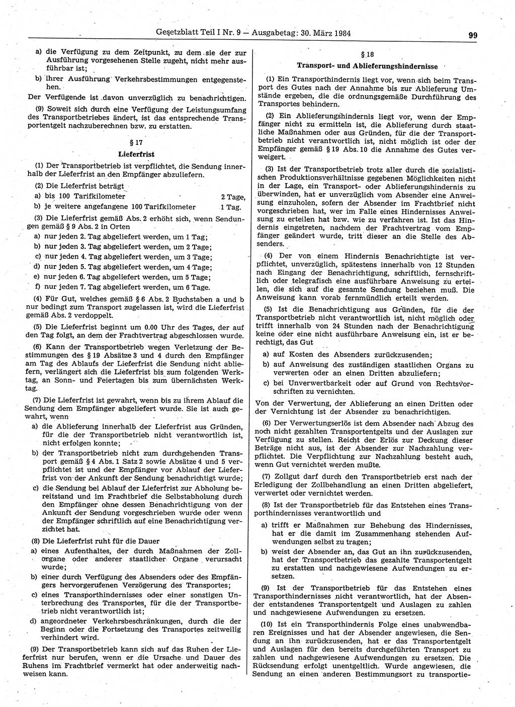 Gesetzblatt (GBl.) der Deutschen Demokratischen Republik (DDR) Teil Ⅰ 1984, Seite 99 (GBl. DDR Ⅰ 1984, S. 99)