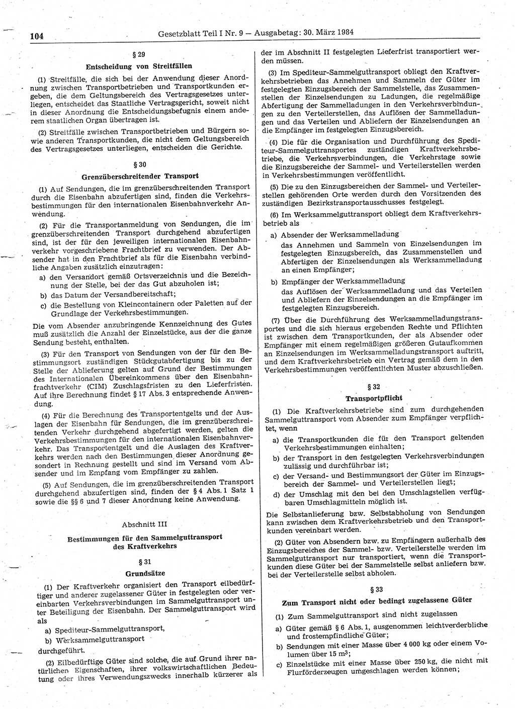 Gesetzblatt (GBl.) der Deutschen Demokratischen Republik (DDR) Teil Ⅰ 1984, Seite 104 (GBl. DDR Ⅰ 1984, S. 104)