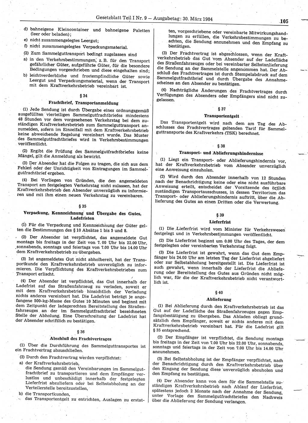 Gesetzblatt (GBl.) der Deutschen Demokratischen Republik (DDR) Teil Ⅰ 1984, Seite 105 (GBl. DDR Ⅰ 1984, S. 105)