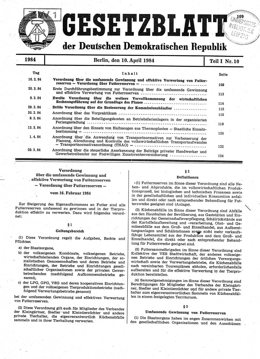 Gesetzblatt (GBl.) der Deutschen Demokratischen Republik (DDR) Teil Ⅰ 1984, Seite 109 (GBl. DDR Ⅰ 1984, S. 109)