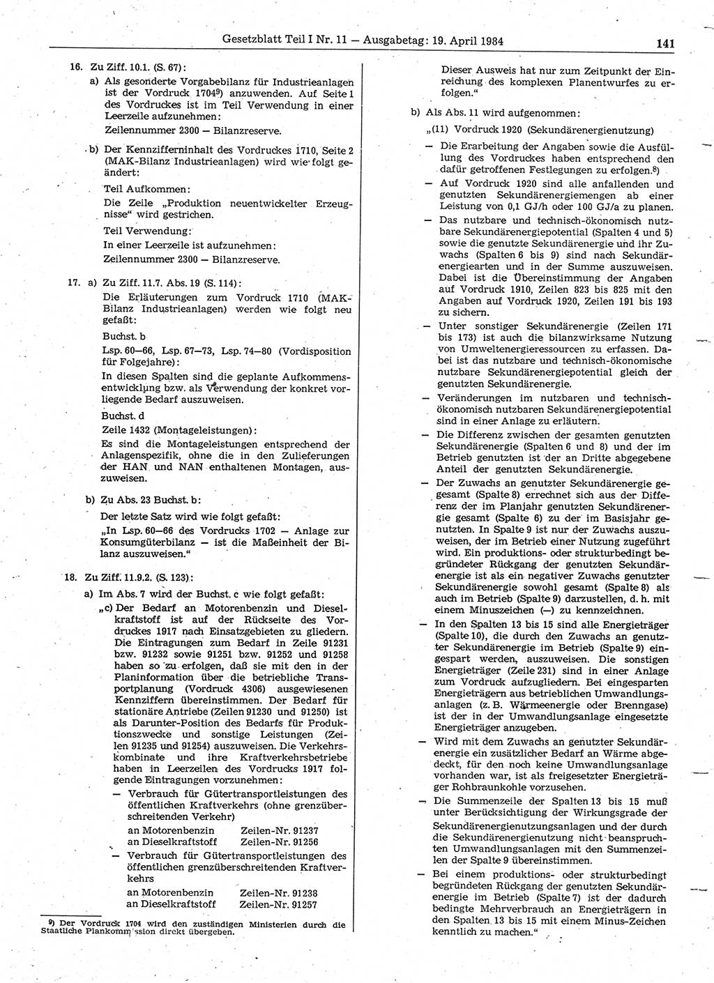 Gesetzblatt (GBl.) der Deutschen Demokratischen Republik (DDR) Teil Ⅰ 1984, Seite 141 (GBl. DDR Ⅰ 1984, S. 141)
