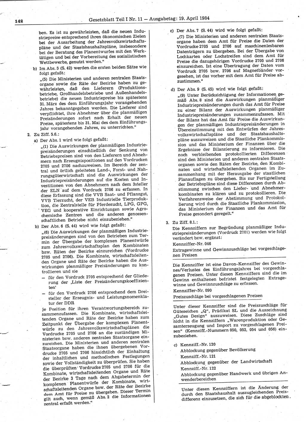 Gesetzblatt (GBl.) der Deutschen Demokratischen Republik (DDR) Teil Ⅰ 1984, Seite 148 (GBl. DDR Ⅰ 1984, S. 148)