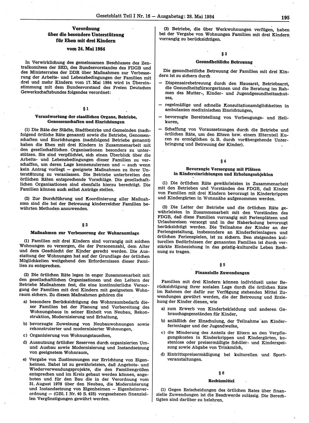 Gesetzblatt (GBl.) der Deutschen Demokratischen Republik (DDR) Teil Ⅰ 1984, Seite 195 (GBl. DDR Ⅰ 1984, S. 195)