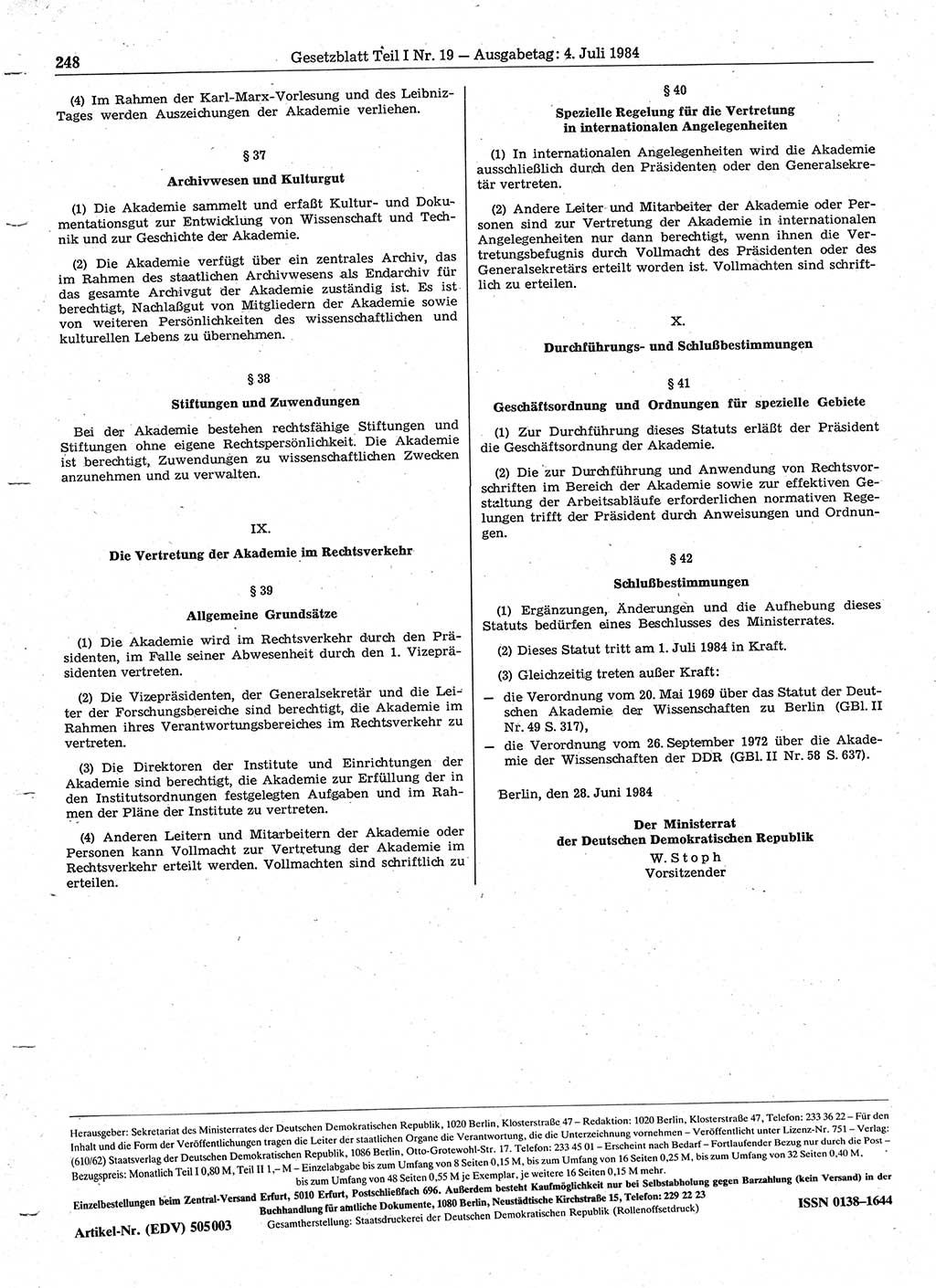 Gesetzblatt (GBl.) der Deutschen Demokratischen Republik (DDR) Teil Ⅰ 1984, Seite 248 (GBl. DDR Ⅰ 1984, S. 248)