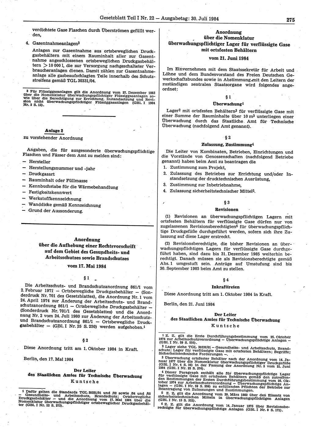 Gesetzblatt (GBl.) der Deutschen Demokratischen Republik (DDR) Teil Ⅰ 1984, Seite 275 (GBl. DDR Ⅰ 1984, S. 275)