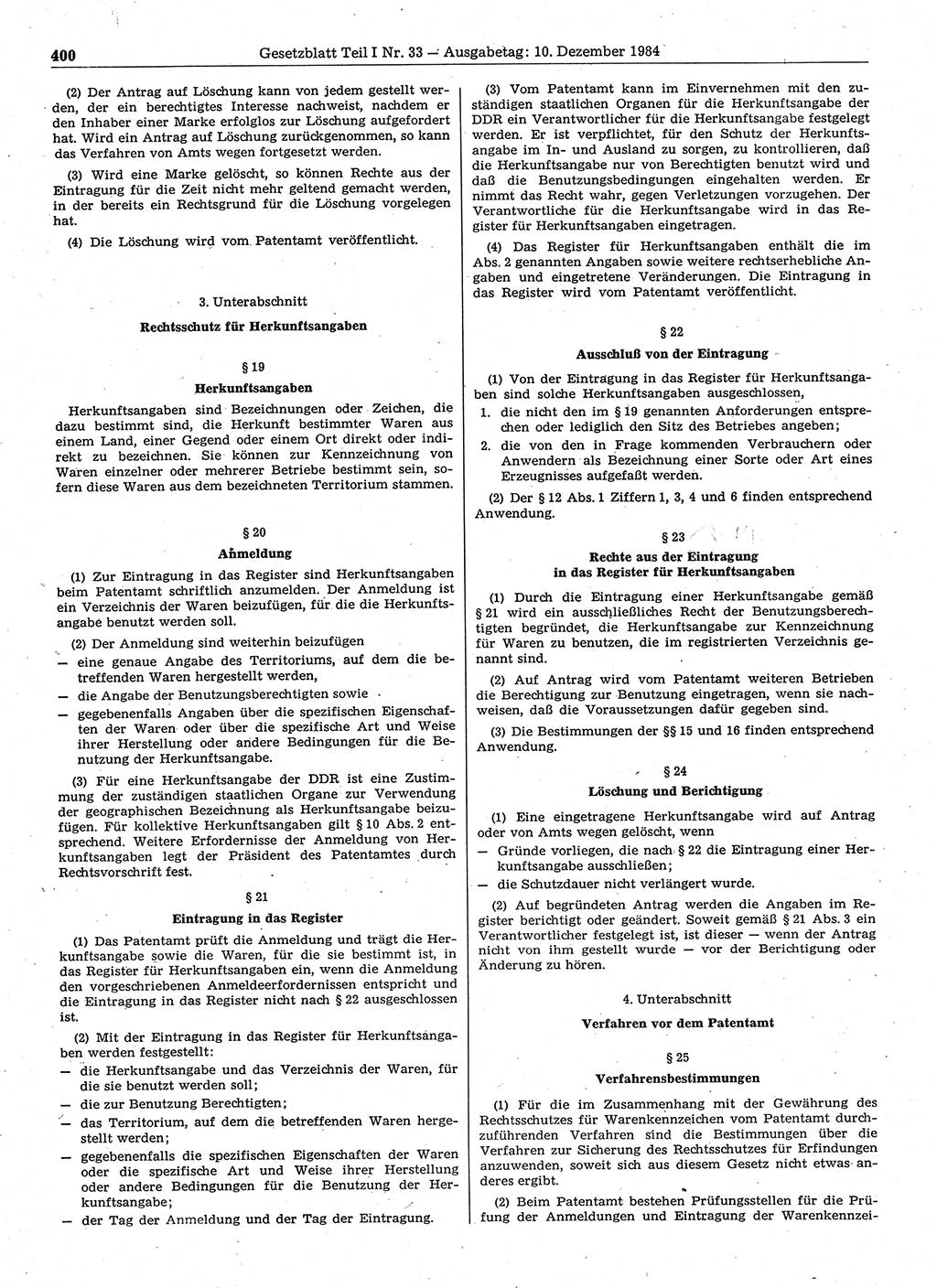 Gesetzblatt (GBl.) der Deutschen Demokratischen Republik (DDR) Teil Ⅰ 1984, Seite 400 (GBl. DDR Ⅰ 1984, S. 400)