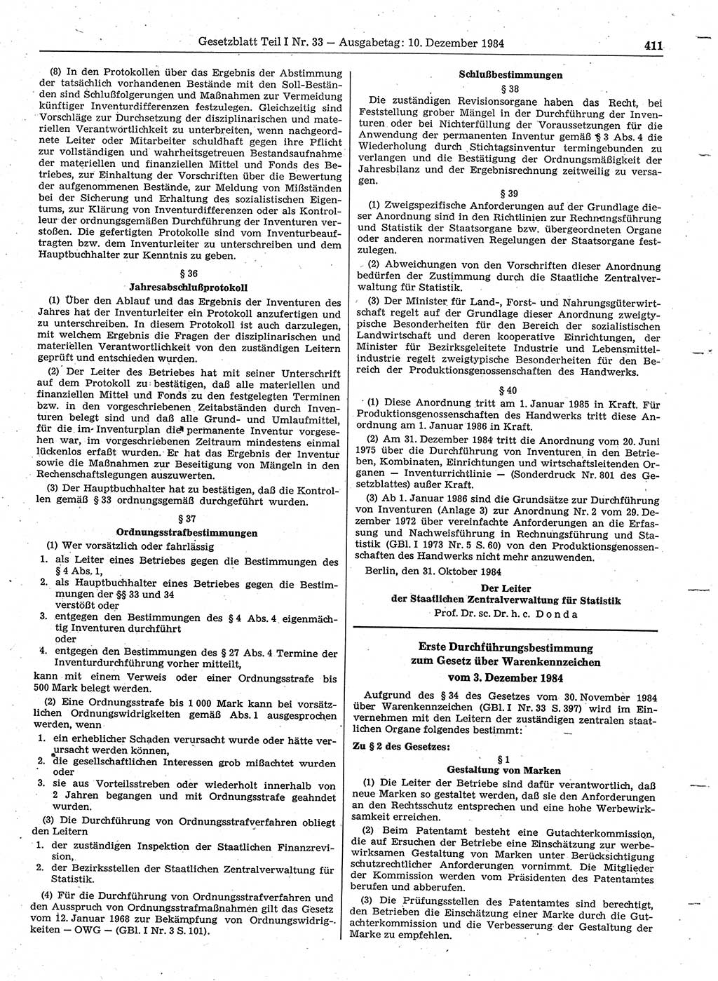 Gesetzblatt (GBl.) der Deutschen Demokratischen Republik (DDR) Teil Ⅰ 1984, Seite 411 (GBl. DDR Ⅰ 1984, S. 411)