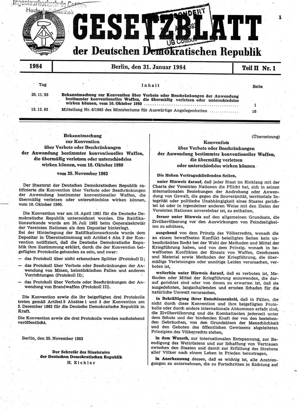 Gesetzblatt (GBl.) der Deutschen Demokratischen Republik (DDR) Teil ⅠⅠ 1984, Seite 1 (GBl. DDR ⅠⅠ 1984, S. 1)