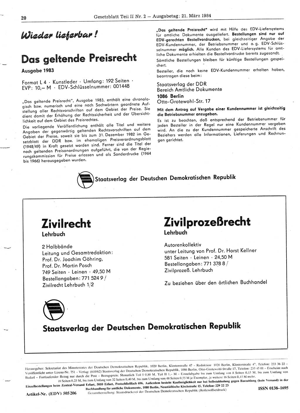 Gesetzblatt (GBl.) der Deutschen Demokratischen Republik (DDR) Teil ⅠⅠ 1984, Seite 20 (GBl. DDR ⅠⅠ 1984, S. 20)