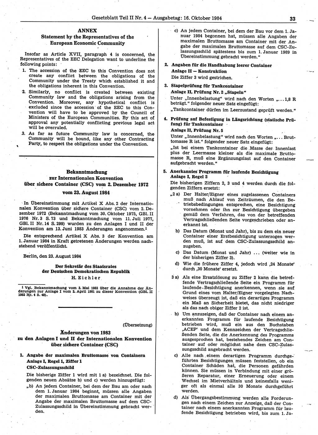 Gesetzblatt (GBl.) der Deutschen Demokratischen Republik (DDR) Teil ⅠⅠ 1984, Seite 33 (GBl. DDR ⅠⅠ 1984, S. 33)