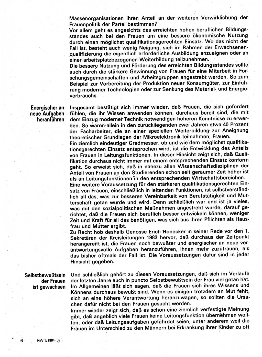 Neuer Weg (NW), Organ des Zentralkomitees (ZK) der SED (Sozialistische Einheitspartei Deutschlands) für Fragen des Parteilebens, 39. Jahrgang [Deutsche Demokratische Republik (DDR)] 1984, Seite 6 (NW ZK SED DDR 1984, S. 6)