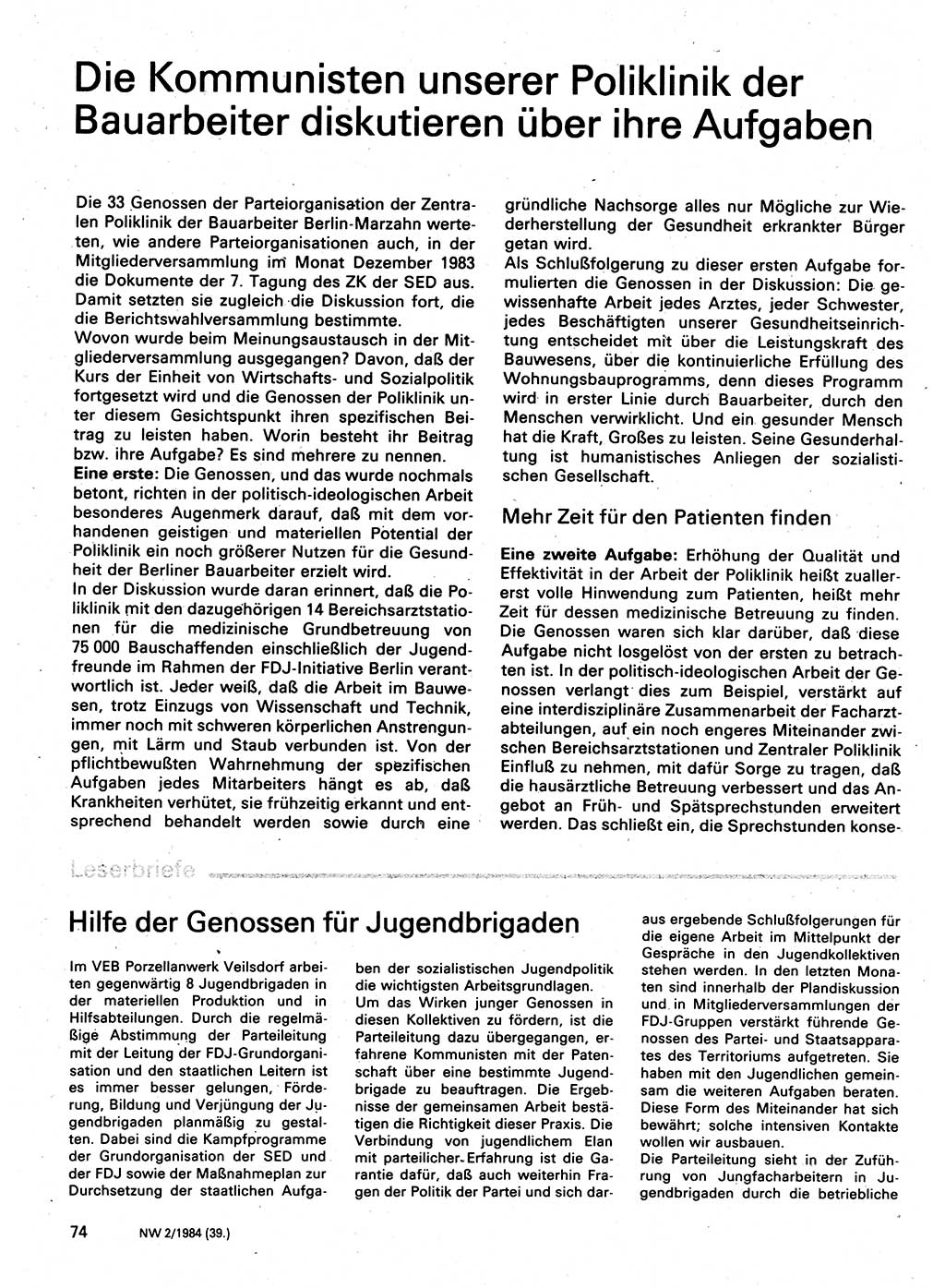 Neuer Weg (NW), Organ des Zentralkomitees (ZK) der SED (Sozialistische Einheitspartei Deutschlands) für Fragen des Parteilebens, 39. Jahrgang [Deutsche Demokratische Republik (DDR)] 1984, Seite 74 (NW ZK SED DDR 1984, S. 74)