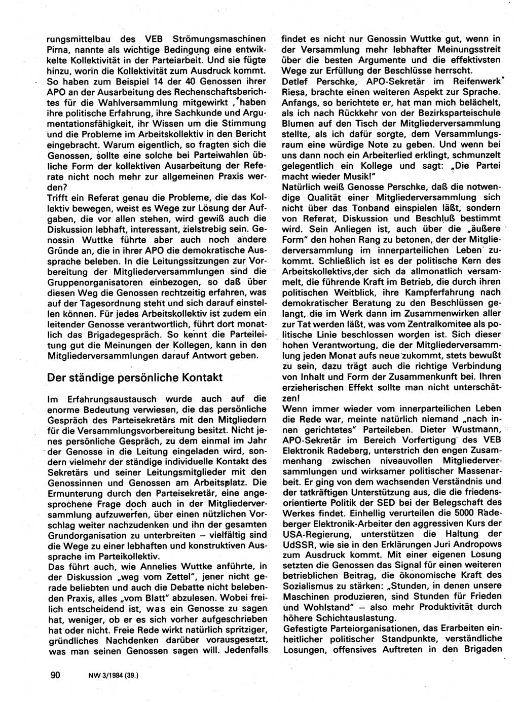 Neuer Weg (NW), Organ des Zentralkomitees (ZK) der SED (Sozialistische Einheitspartei Deutschlands) für Fragen des Parteilebens, 39. Jahrgang [Deutsche Demokratische Republik (DDR)] 1984, Seite 90 (NW ZK SED DDR 1984, S. 90)