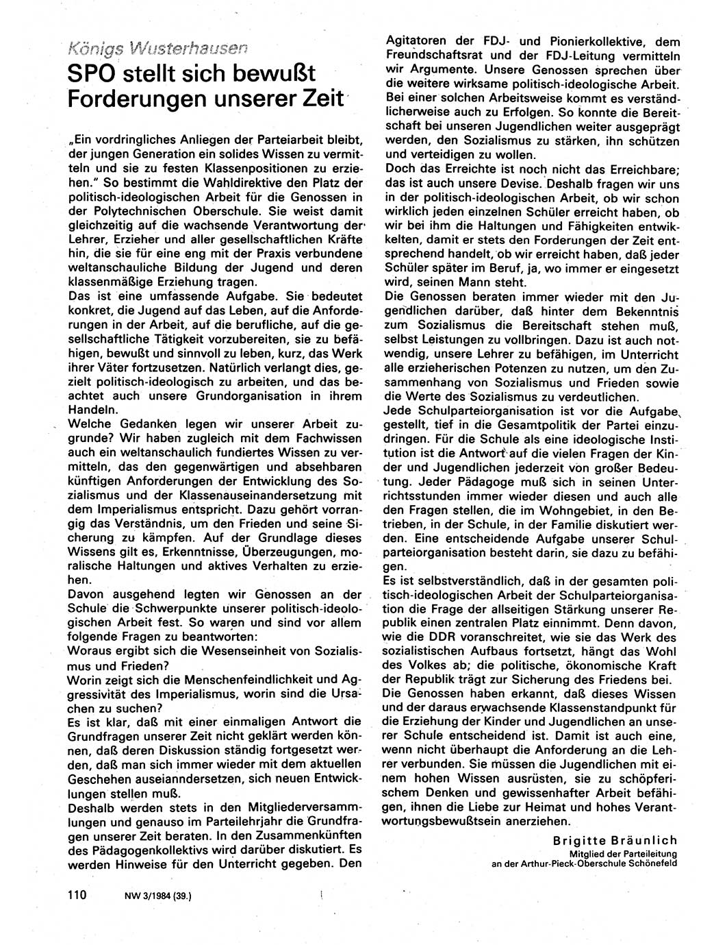 Neuer Weg (NW), Organ des Zentralkomitees (ZK) der SED (Sozialistische Einheitspartei Deutschlands) für Fragen des Parteilebens, 39. Jahrgang [Deutsche Demokratische Republik (DDR)] 1984, Seite 110 (NW ZK SED DDR 1984, S. 110)