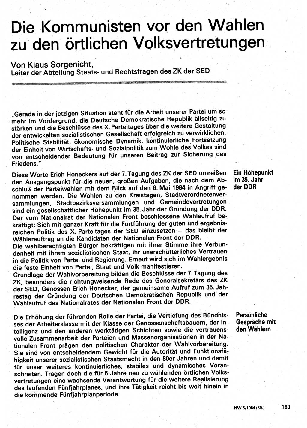 Neuer Weg (NW), Organ des Zentralkomitees (ZK) der SED (Sozialistische Einheitspartei Deutschlands) für Fragen des Parteilebens, 39. Jahrgang [Deutsche Demokratische Republik (DDR)] 1984, Seite 163 (NW ZK SED DDR 1984, S. 163)