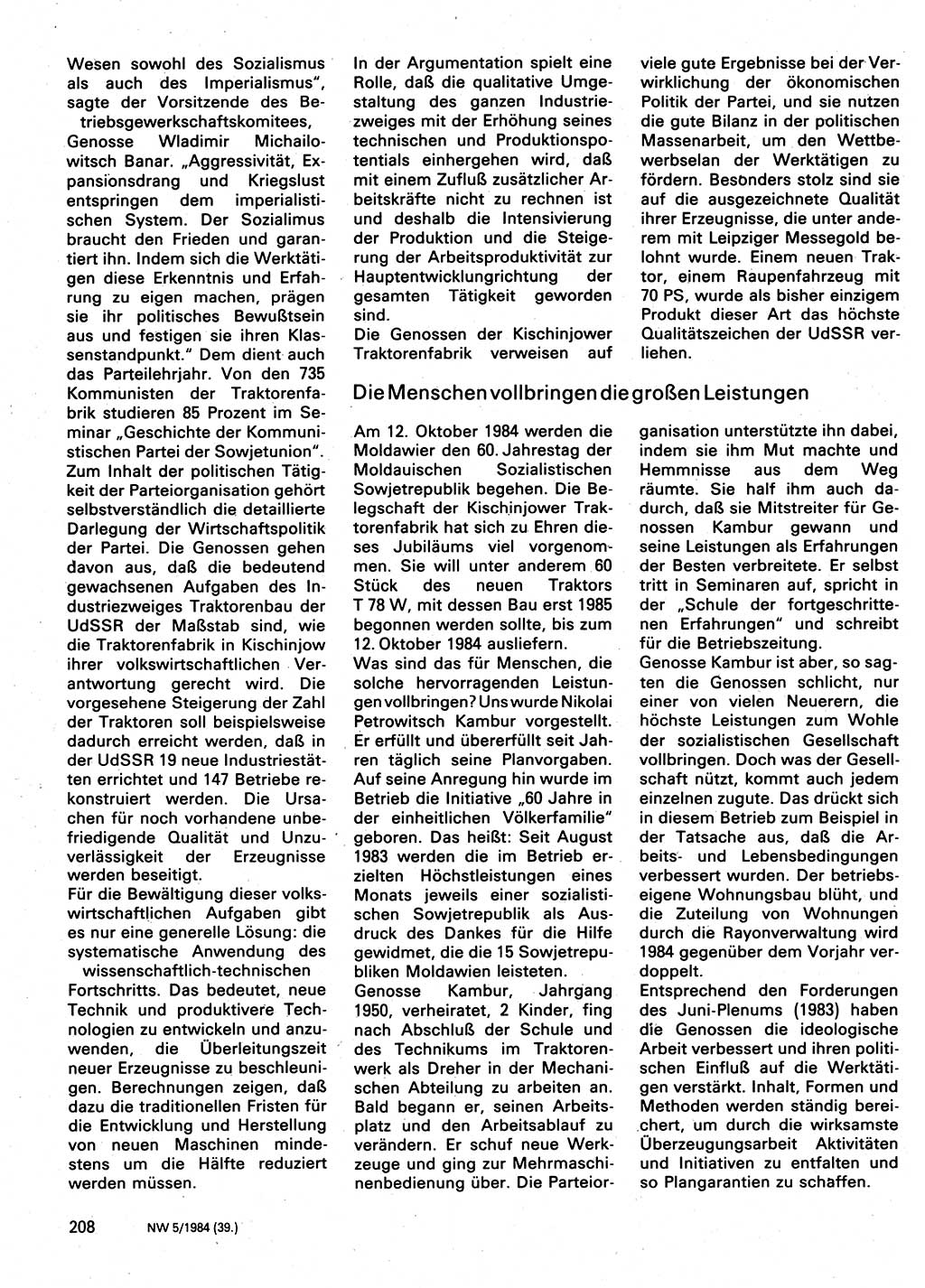 Neuer Weg (NW), Organ des Zentralkomitees (ZK) der SED (Sozialistische Einheitspartei Deutschlands) für Fragen des Parteilebens, 39. Jahrgang [Deutsche Demokratische Republik (DDR)] 1984, Seite 208 (NW ZK SED DDR 1984, S. 208)