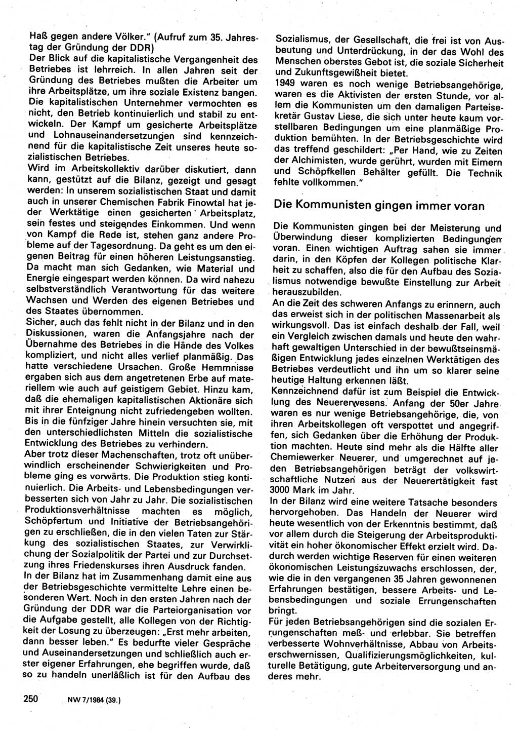 Neuer Weg (NW), Organ des Zentralkomitees (ZK) der SED (Sozialistische Einheitspartei Deutschlands) für Fragen des Parteilebens, 39. Jahrgang [Deutsche Demokratische Republik (DDR)] 1984, Seite 250 (NW ZK SED DDR 1984, S. 250)
