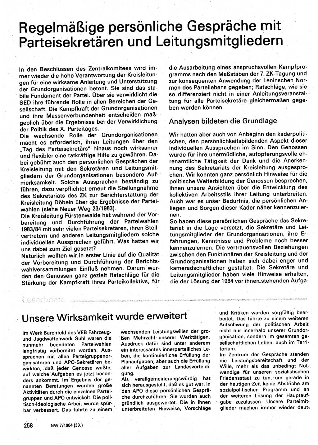 Neuer Weg (NW), Organ des Zentralkomitees (ZK) der SED (Sozialistische Einheitspartei Deutschlands) für Fragen des Parteilebens, 39. Jahrgang [Deutsche Demokratische Republik (DDR)] 1984, Seite 258 (NW ZK SED DDR 1984, S. 258)